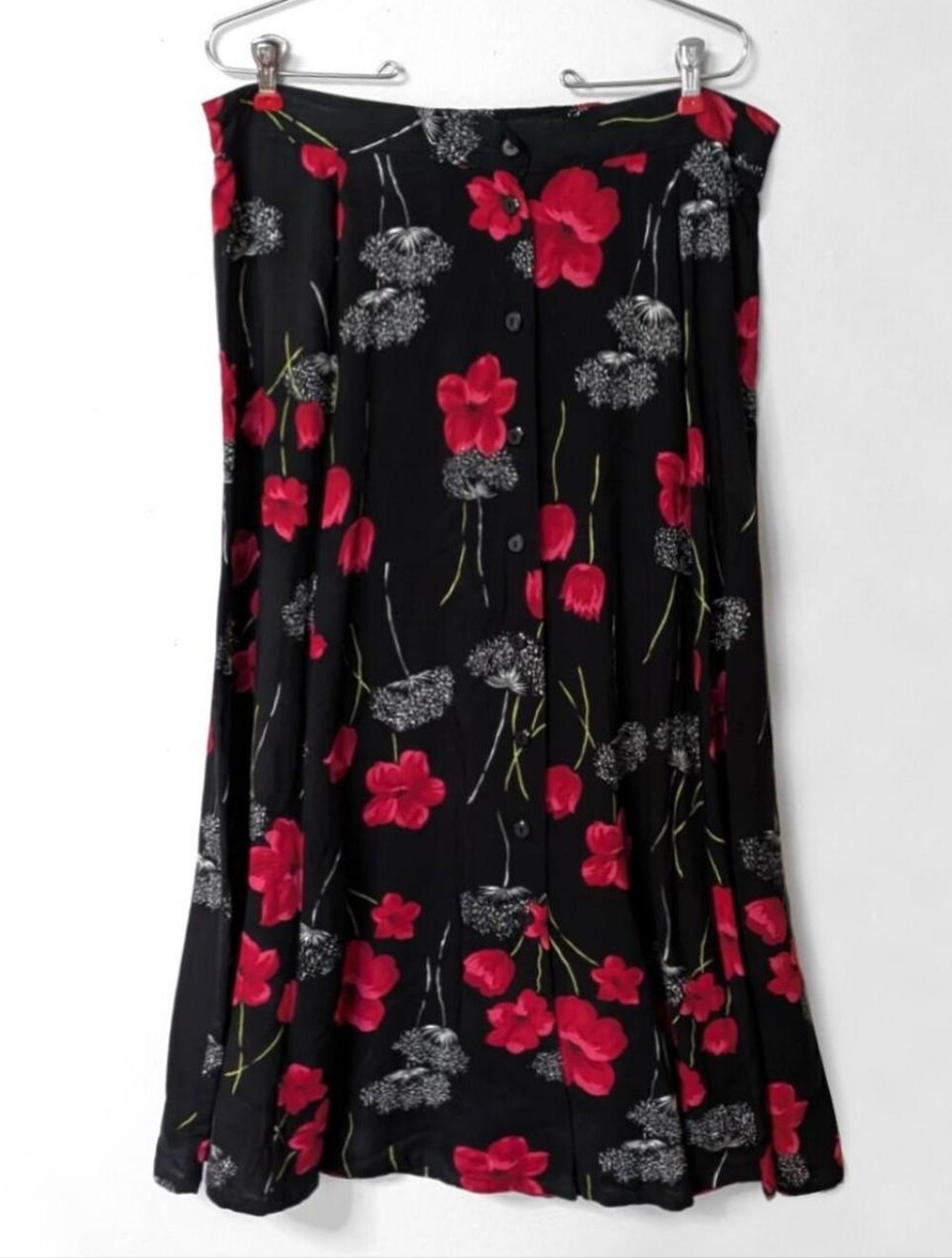 Vintage 90s Sag Harbor Black & Red Button Down Floral Maxi Skirt | Size XL